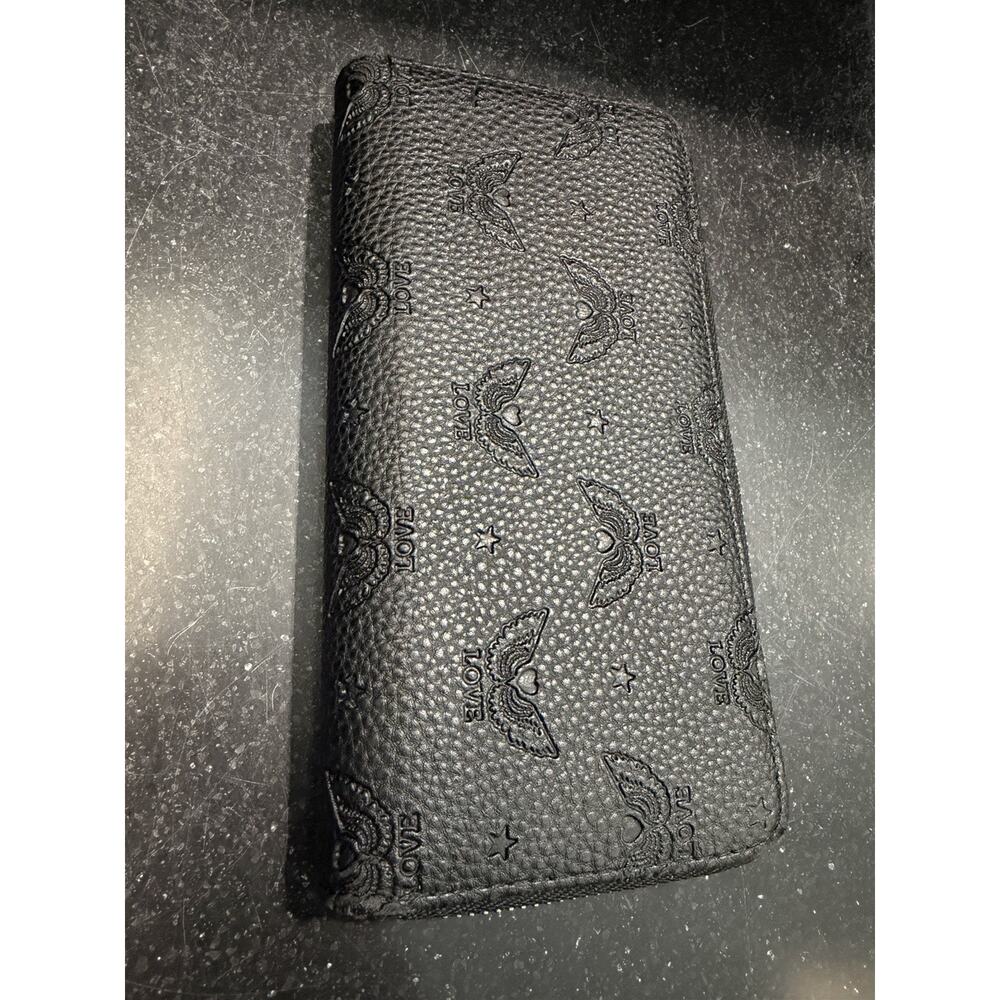 ICING Brand, Y2K Angel Wings Love Wallet Black Embossed Zip Accordion Wristlet